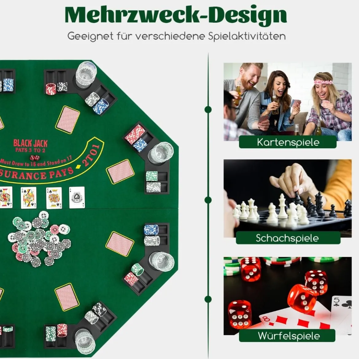 Pokermatte 120 x 120 cm Texas Holdem Pokertisch-Auflage faltbar für 8 Spieler mit Getränkehaltern Grün