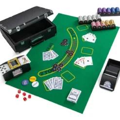 Pokerset 300 Chips Pokerkoffer mit 2 Kartendeck 5 Würfel Dealer Button Matte Kartenmischer & Kartengeber