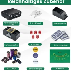 Pokerset 300 Chips Pokerkoffer mit 2 Kartendeck 5 Würfel Dealer Button Matte Kartenmischer & Kartengeber