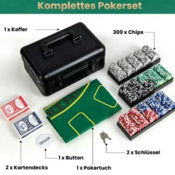 Pokerset mit 300 Laser-Chips & Pokerkoffer & 2 Spielkarten & 2 Schlüsseln Poker Komplett Set