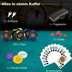 Pokerset mit 500 Laser-Chips & 2 Spielkarten & 5 Würfeln & 3 Händler-Chips & 2 Schlüsseln Pokerkoffer