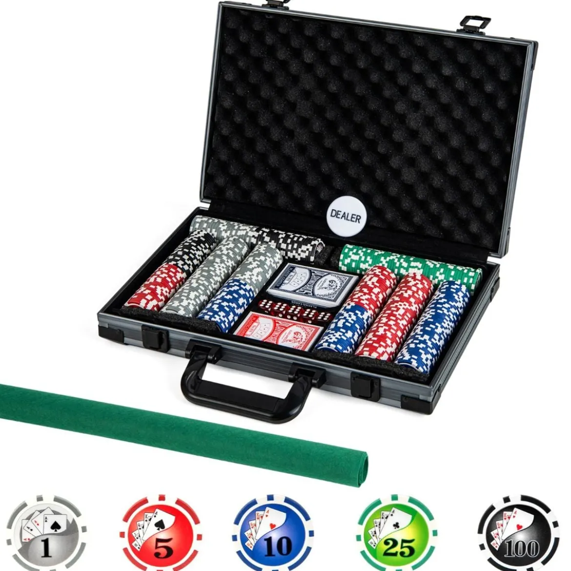 Pokerset mit 400 Laser-Chips & 2 Spielkarten & 5 Würfel & Dealer Button Aluminium Pokerkoffer