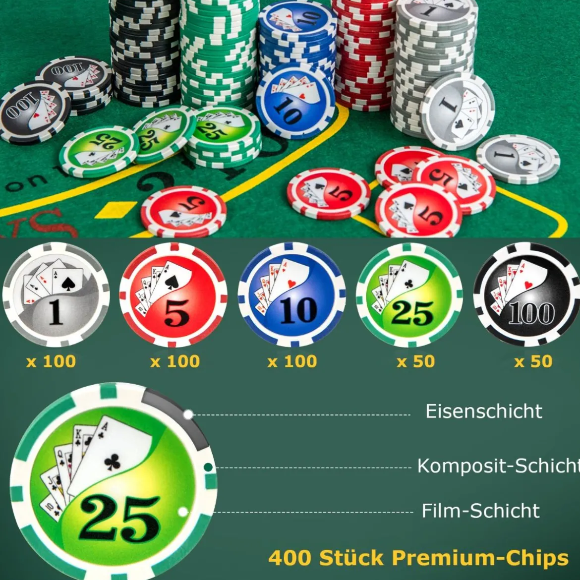 Pokerset mit 400 Laser-Chips & 2 Spielkarten & 5 Würfel & Dealer Button Aluminium Pokerkoffer