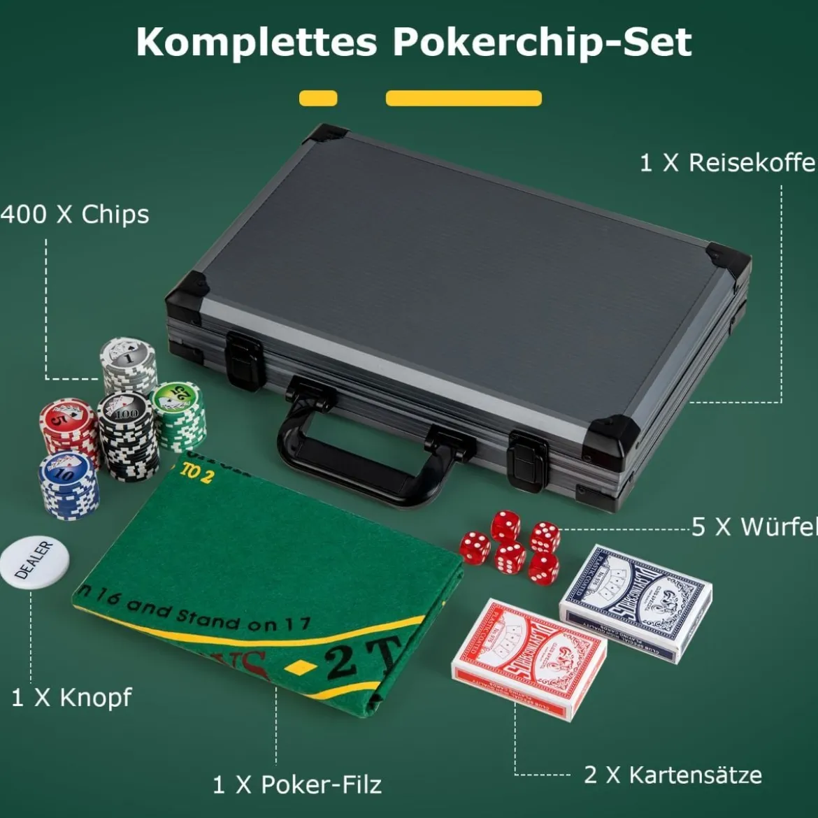 Pokerset mit 400 Laser-Chips & 2 Spielkarten & 5 Würfel & Dealer Button Aluminium Pokerkoffer
