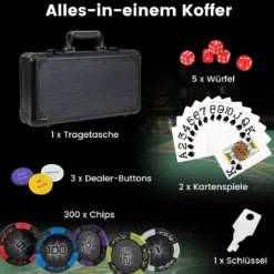 Pokerset mit 300 Laser-Chips & Spielkarten & 5 Würfeln & 3 Händler-Chips & 2 Schlüsseln Pokerkoffer