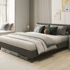 Polsterbett 200 x 180 cm Doppelbett mit Lattenrost & Kopfteil Gepolstertes Bettrahmen Grau Bettgestell bis 450 kg belastbar