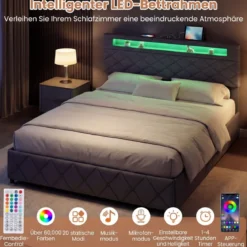 Polsterbett 160 x 200 cm mit LED-Beleuchtung Ladestation (2 USB-Anschlüsse) Doppelbettgestell mit Schubladen Grau