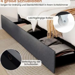 Polsterbett 160 x 200 cm mit LED-Beleuchtung Ladestation (2 USB-Anschlüsse) Doppelbettgestell mit Schubladen Grau