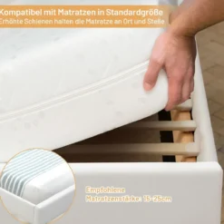 Polsterbett 140 x 200 cm Moderner Bettgestell mit 16 Fabigen LED Licht Weiß