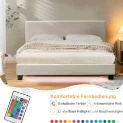 Polsterbett 140 x 200 cm Moderner Bettgestell mit 16 Fabigen LED Licht Weiß