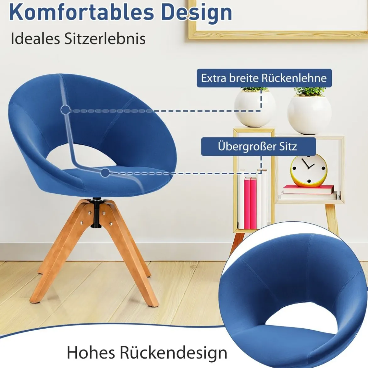 Polsterstuhl mit massiven Holzbeinen bis 150kg belastbar Samt Drehsessel Blau