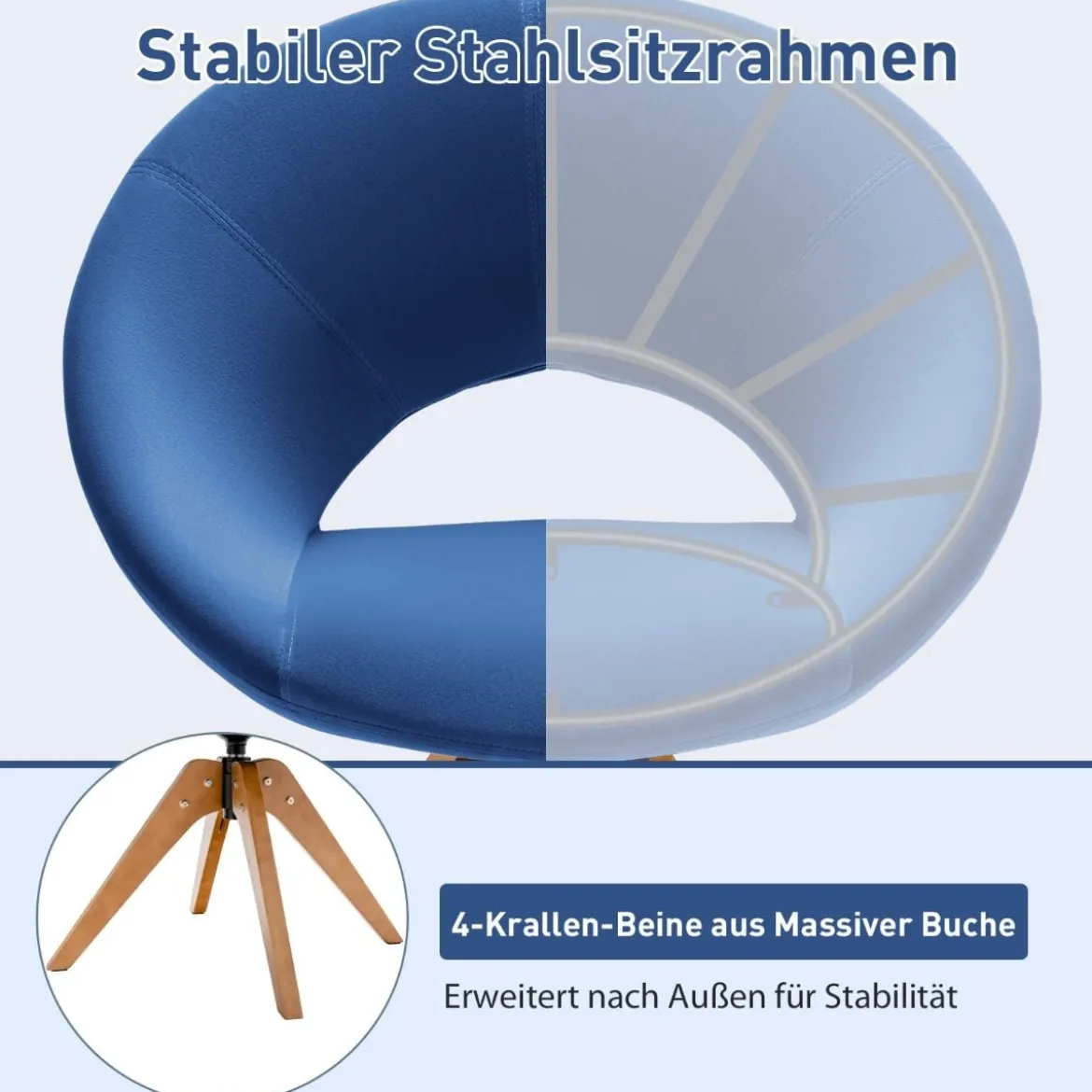 Polsterstuhl mit massiven Holzbeinen bis 150kg belastbar Samt Drehsessel Blau