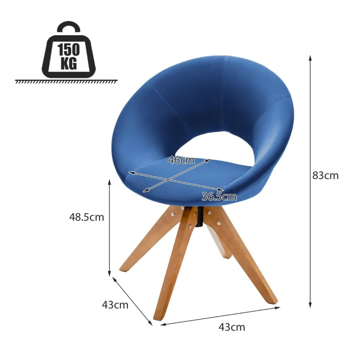 Polsterstuhl mit massiven Holzbeinen bis 150kg belastbar Samt Drehsessel Blau