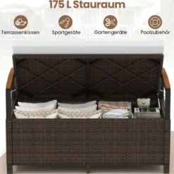 Polyrattan Gartenbank mit Stauraum & Kissen Wetterfeste Truhenbank 2-Sitzer Balkonbank Weiß