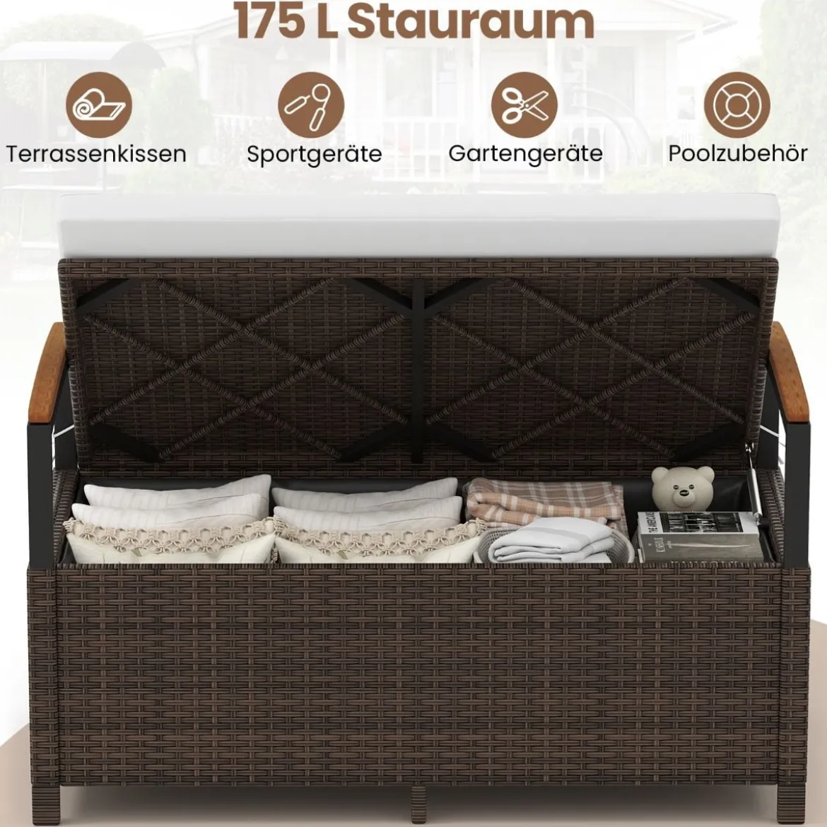 Polyrattan Gartenbank mit Stauraum & Kissen Wetterfeste Truhenbank 2-Sitzer Balkonbank Weiß