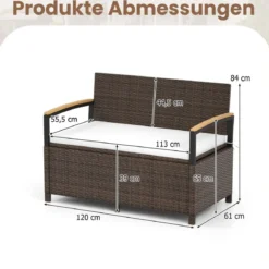Polyrattan Gartenbank mit Stauraum & Kissen Wetterfeste Truhenbank 2-Sitzer Balkonbank Weiß