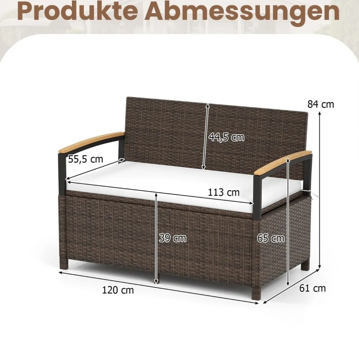 Polyrattan Gartenbank mit Stauraum & Kissen Wetterfeste Truhenbank 2-Sitzer Balkonbank Weiß