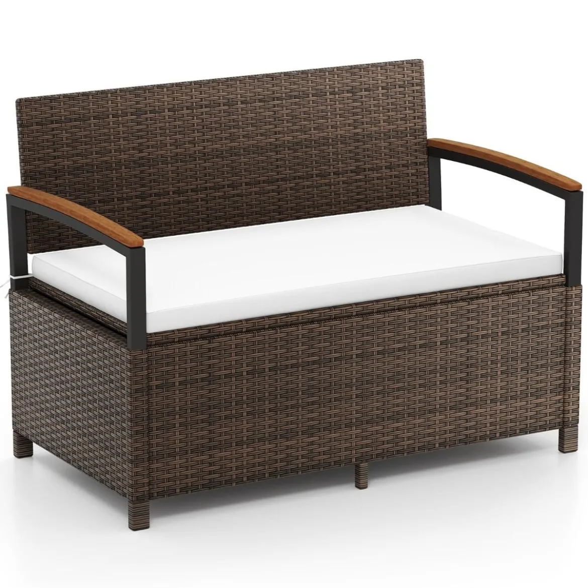Polyrattan Gartenbank mit Stauraum & Kissen Wetterfeste Truhenbank 2-Sitzer Balkonbank Weiß