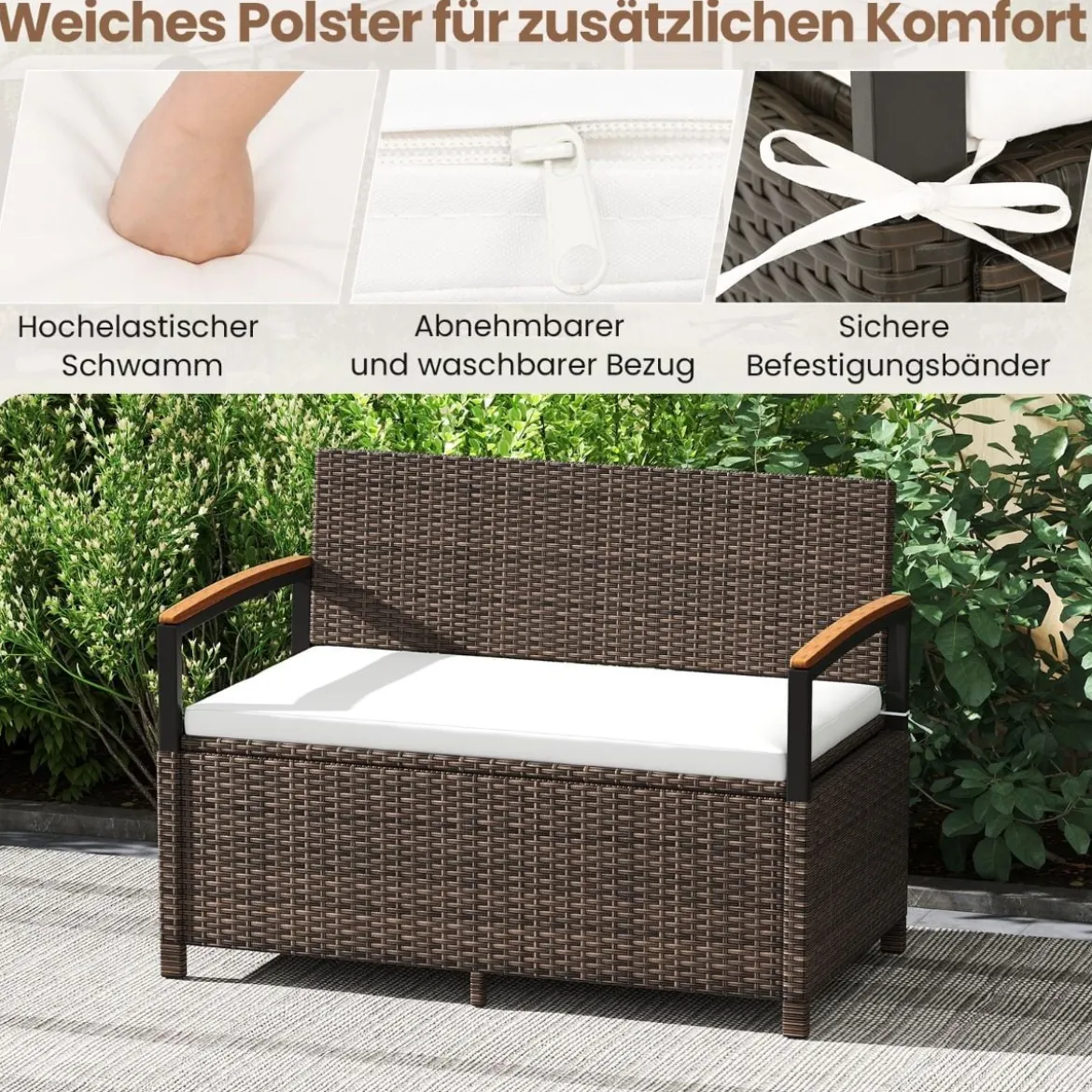 Polyrattan Gartenbank mit Stauraum & Kissen Wetterfeste Truhenbank 2-Sitzer Balkonbank Weiß