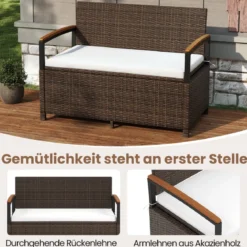 Polyrattan Gartenbank mit Stauraum & Kissen Wetterfeste Truhenbank 2-Sitzer Balkonbank Weiß
