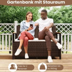 Polyrattan Gartenbank mit Stauraum & Kissen Wetterfeste Truhenbank 2-Sitzer Balkonbank Weiß