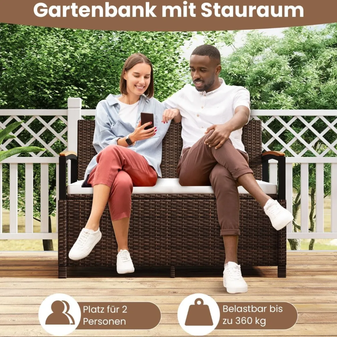 Polyrattan Gartenbank mit Stauraum & Kissen Wetterfeste Truhenbank 2-Sitzer Balkonbank Weiß