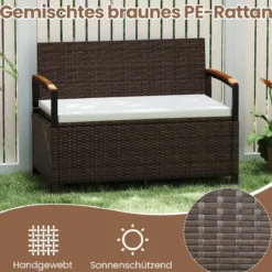 Polyrattan Gartenbank mit Stauraum & Kissen Wetterfeste Truhenbank 2-Sitzer Balkonbank Weiß