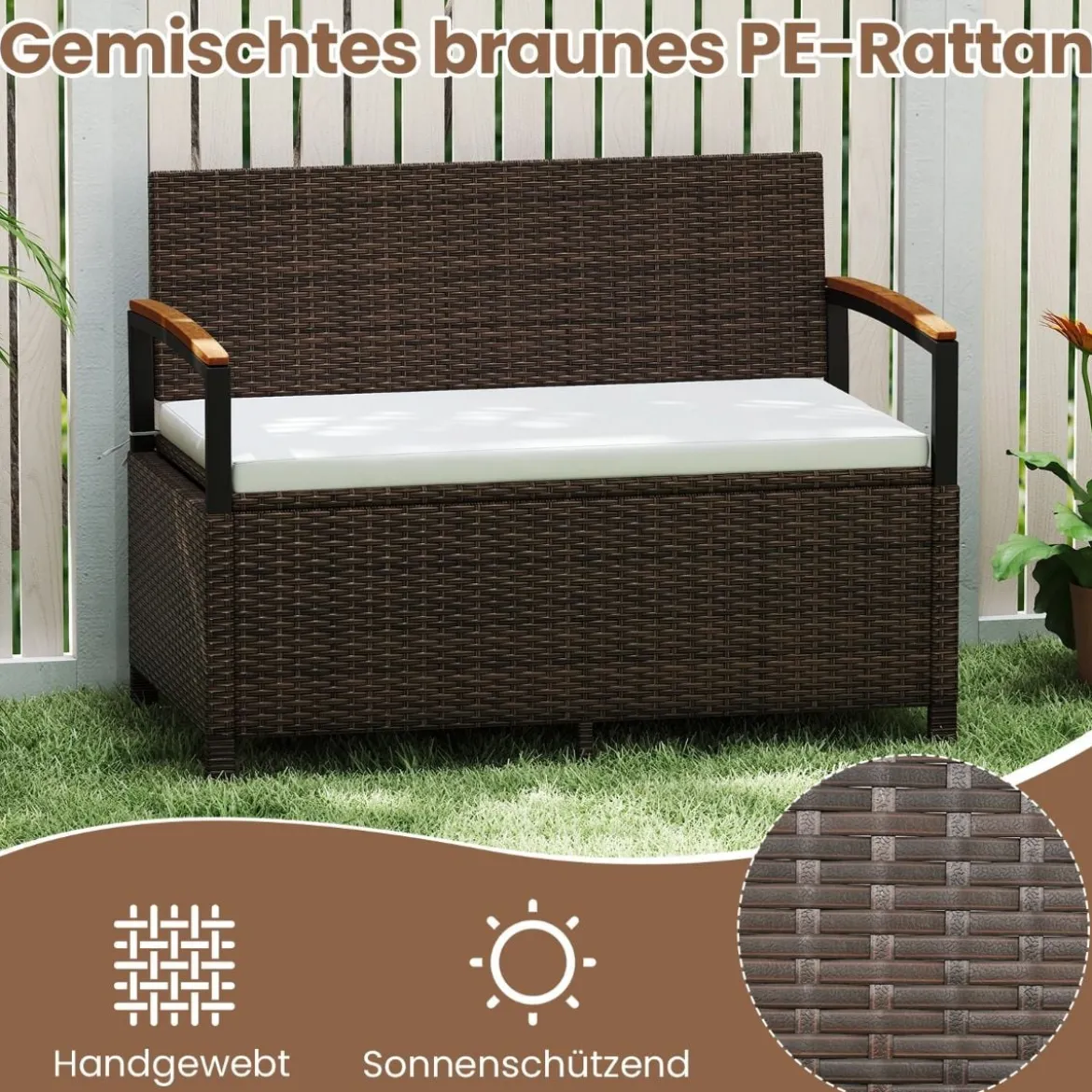 Polyrattan Gartenbank mit Stauraum & Kissen Wetterfeste Truhenbank 2-Sitzer Balkonbank Weiß