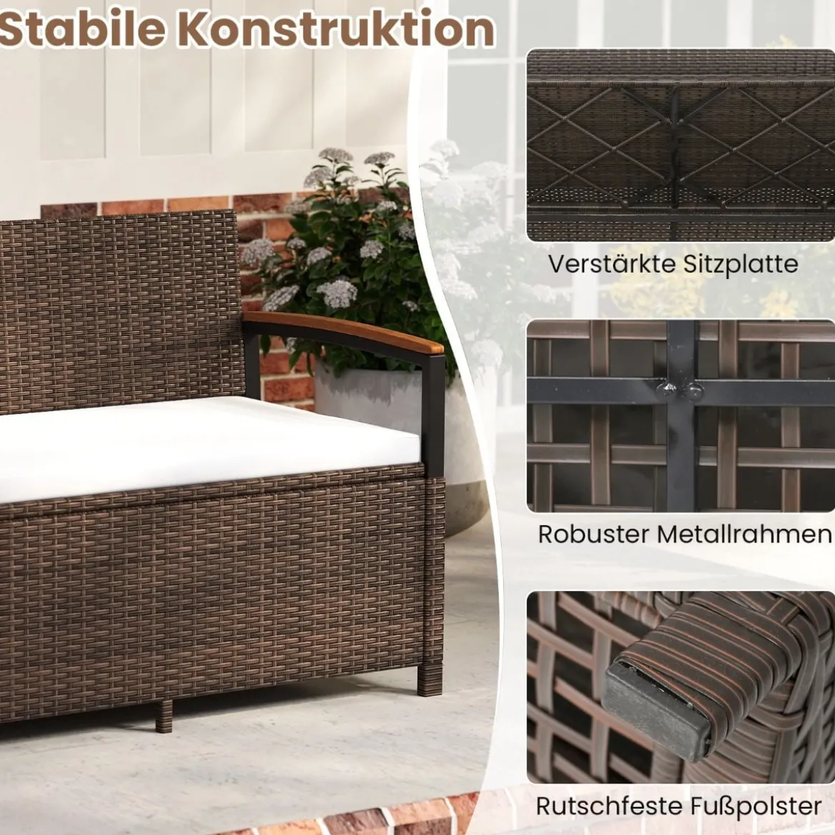 Polyrattan Gartenbank mit Stauraum & Kissen Wetterfeste Truhenbank 2-Sitzer Balkonbank Weiß