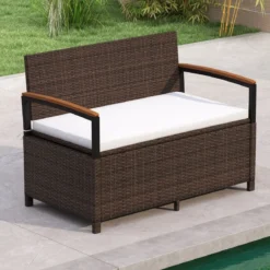 Polyrattan Gartenbank mit Stauraum & Kissen Wetterfeste Truhenbank 2-Sitzer Balkonbank Weiß