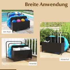 Pool Aufbewahrungskorb mit Rollen PE Rattan Aufbewahrungsbehälter für Schwimmhilfen Schwarz