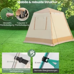 Pop-up-Campingzelt mit Automatischer Halterung & Tragetasche Doppellagiges Kabinenzelt Beige