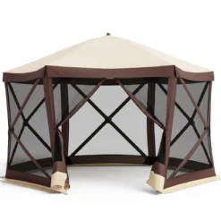 Pop-up Pavillon für 6-8/4-6 Personen Faltpavillon mit 6 Moskitonetzen & Reißverschlusstür 6-Seitiger Gartenpavillon