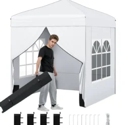 Pop Up Pavillon 2 x 2m Klappbarer Gartenpavillon mit Abnehmbaren Seitenwänden Grau/Schwarz/Weiß