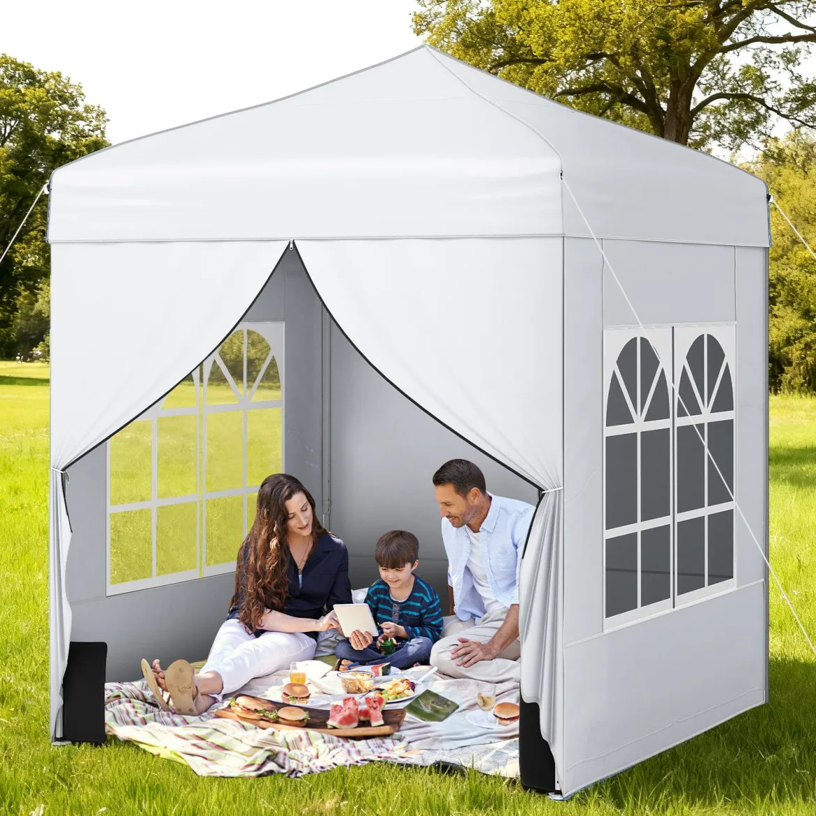 Pop Up Pavillon 2 x 2m Klappbarer Gartenpavillon mit Abnehmbaren Seitenwänden Grau/Schwarz/Weiß