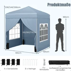 Pop Up Pavillon 2 x 2m Klappbarer Gartenpavillon mit Abnehmbaren Seitenwänden Grau/Schwarz/Weiß