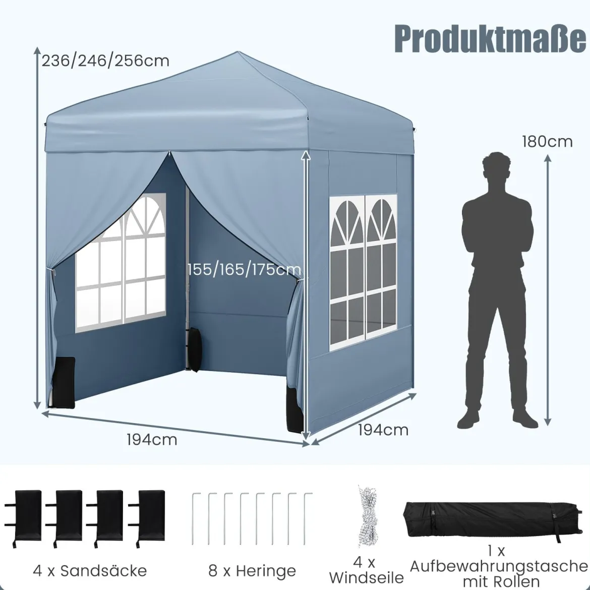 Pop Up Pavillon 2 x 2m Klappbarer Gartenpavillon mit Abnehmbaren Seitenwänden Grau/Schwarz/Weiß