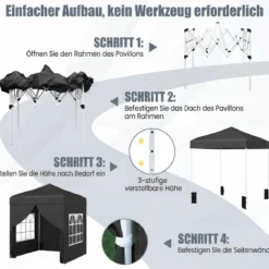 Pop Up Pavillon 2 x 2m Klappbarer Gartenpavillon mit Abnehmbaren Seitenwänden Grau/Schwarz/Weiß