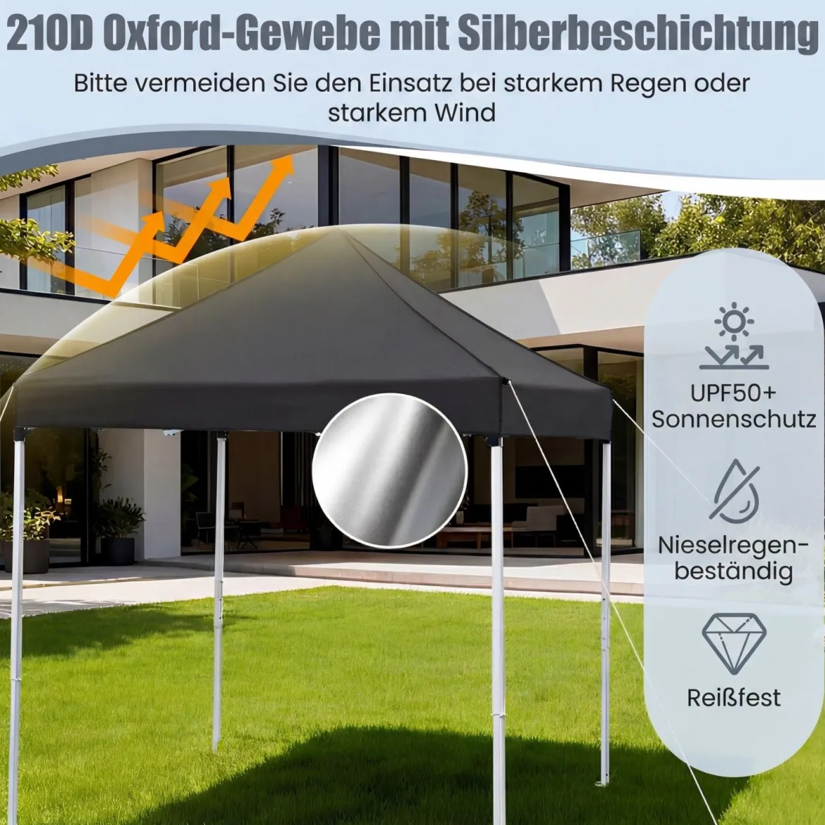 Pop Up Pavillon 2 x 2m Klappbarer Gartenpavillon mit Abnehmbaren Seitenwänden Grau/Schwarz/Weiß