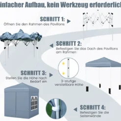 Pop Up Pavillon 2 x 2m Klappbarer Gartenpavillon mit Abnehmbaren Seitenwänden Grau/Schwarz/Weiß
