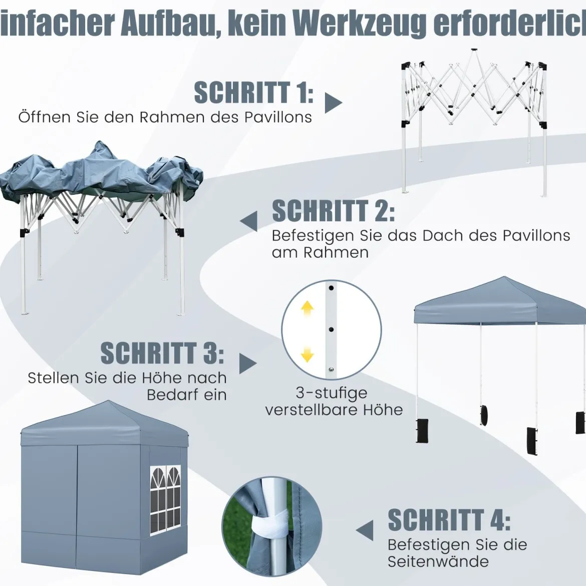 Pop Up Pavillon 2 x 2m Klappbarer Gartenpavillon mit Abnehmbaren Seitenwänden Grau/Schwarz/Weiß