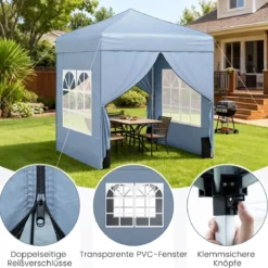 Pop Up Pavillon 2 x 2m Klappbarer Gartenpavillon mit Abnehmbaren Seitenwänden Grau/Schwarz/Weiß