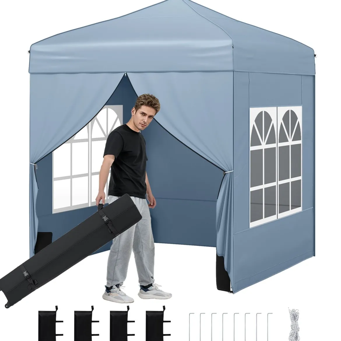 Pop Up Pavillon 2 x 2m Klappbarer Gartenpavillon mit Abnehmbaren Seitenwänden Grau/Schwarz/Weiß