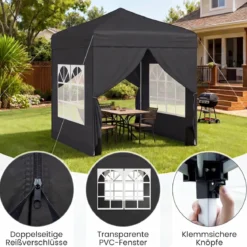 Pop Up Pavillon 2 x 2m Klappbarer Gartenpavillon mit Abnehmbaren Seitenwänden Grau/Schwarz/Weiß