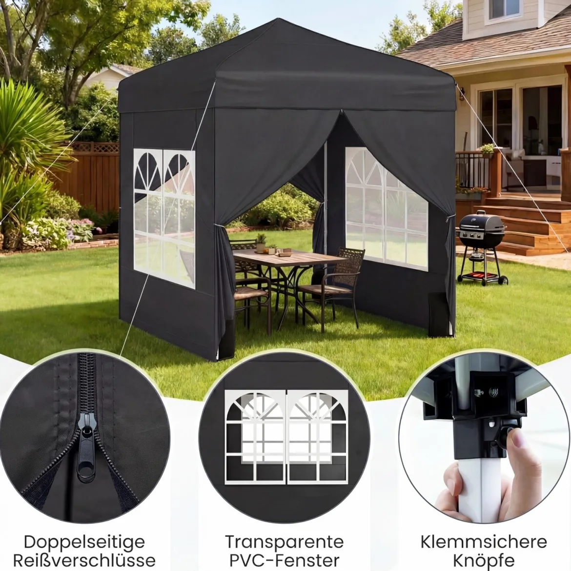 Pop Up Pavillon 2 x 2m Klappbarer Gartenpavillon mit Abnehmbaren Seitenwänden Grau/Schwarz/Weiß