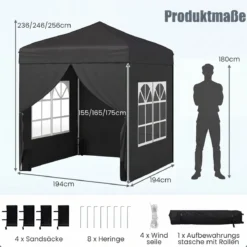 Pop Up Pavillon 2 x 2m Klappbarer Gartenpavillon mit Abnehmbaren Seitenwänden Grau/Schwarz/Weiß