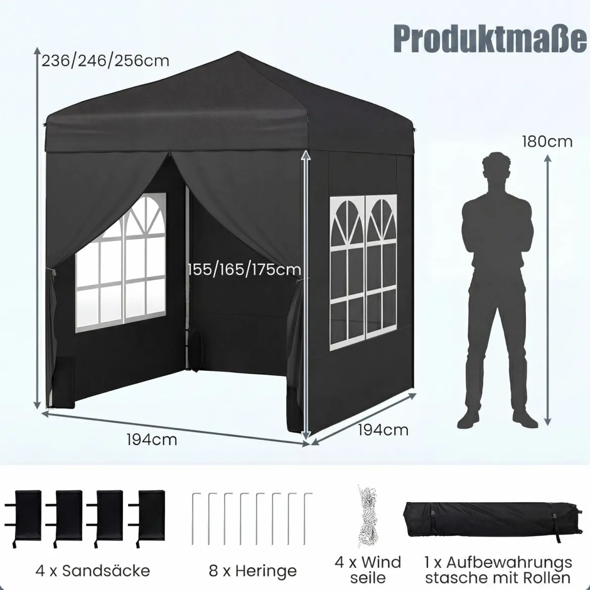 Pop Up Pavillon 2 x 2m Klappbarer Gartenpavillon mit Abnehmbaren Seitenwänden Grau/Schwarz/Weiß