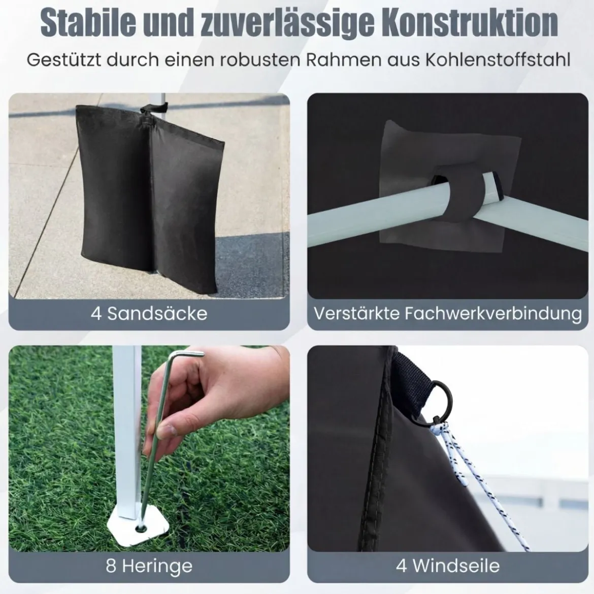 Pop Up Pavillon 2 x 2m Klappbarer Gartenpavillon mit Abnehmbaren Seitenwänden Grau/Schwarz/Weiß