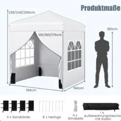 Pop Up Pavillon 2 x 2m Klappbarer Gartenpavillon mit Abnehmbaren Seitenwänden Grau/Schwarz/Weiß