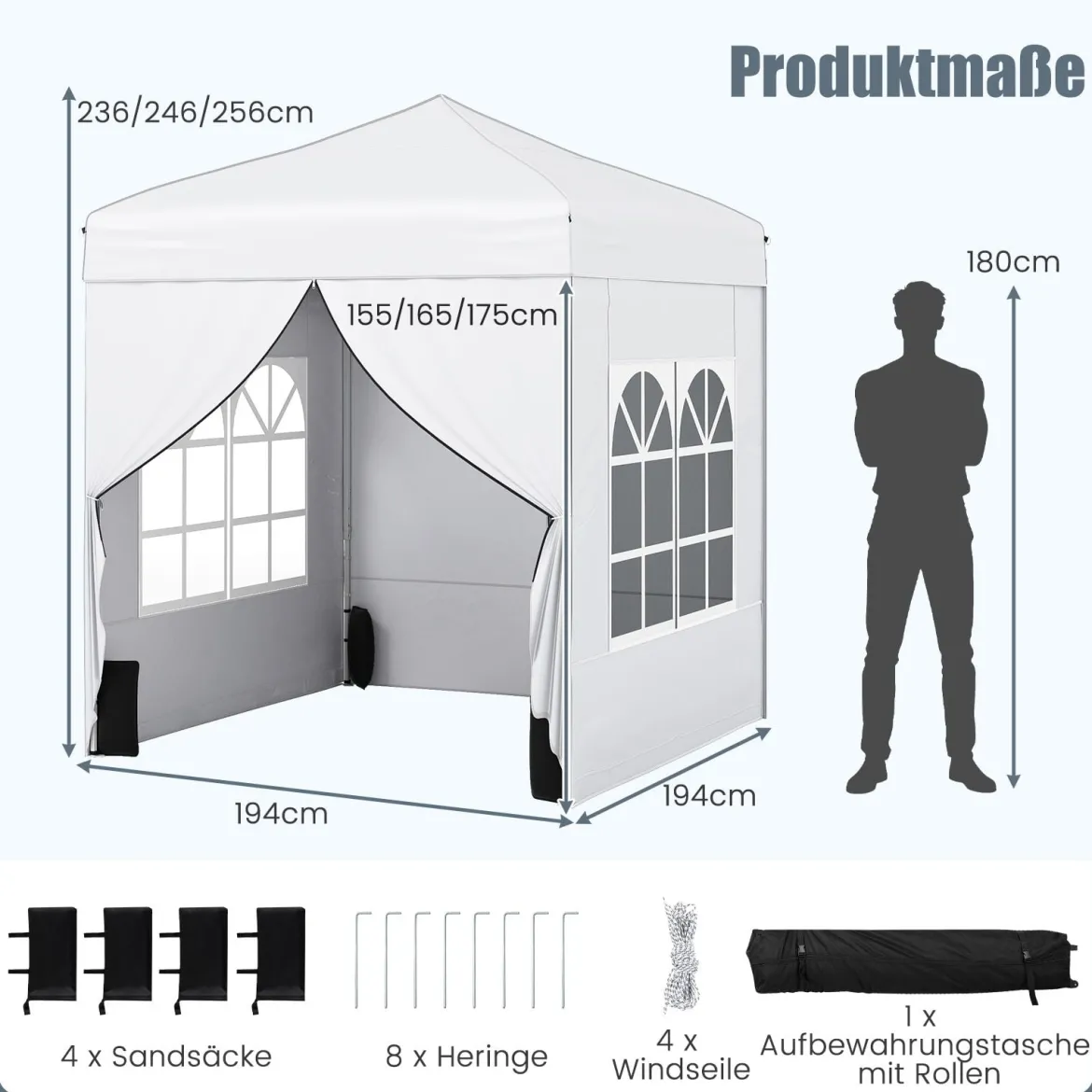 Pop Up Pavillon 2 x 2m Klappbarer Gartenpavillon mit Abnehmbaren Seitenwänden Grau/Schwarz/Weiß